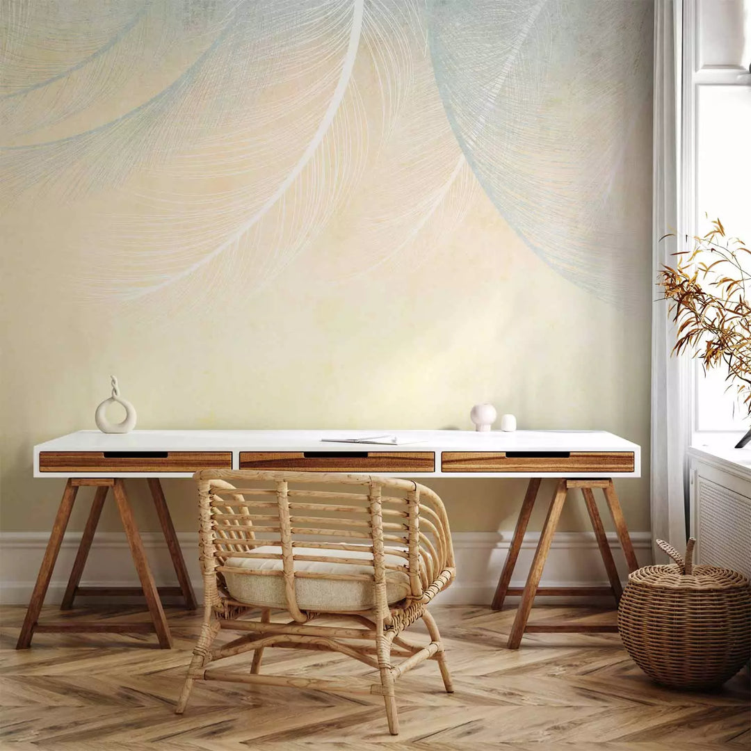 Fototapetes - kompozīciju spalvām uz dzeltena fona - 143787 G-ART