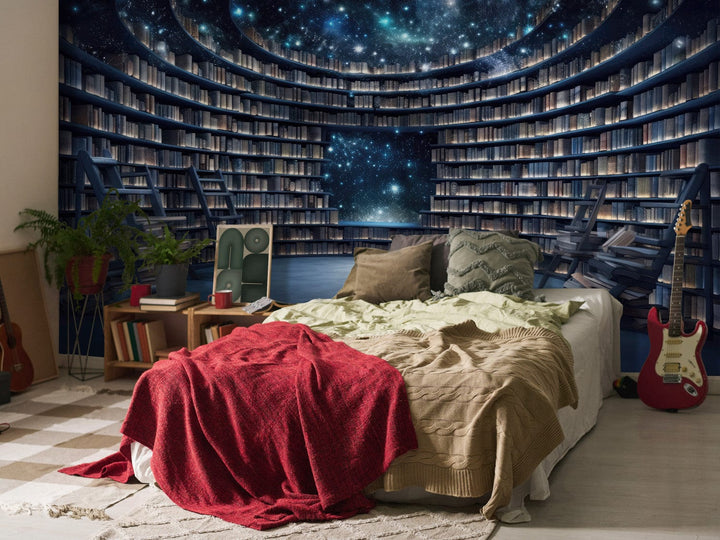 3D fototapetes ar grāmatām - Kosmiska bibliotēka zilā krāsā G-ART