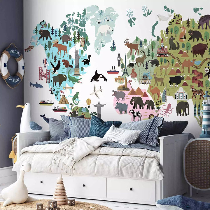 Fototapetes bērniem - Krāsaina karte bērniem, kontinenti un dzīvnieki G-ART