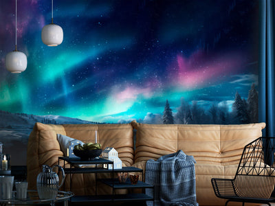 Wall Murals - Colorful northern lights in the night sky above the forest, 151865 G-ART