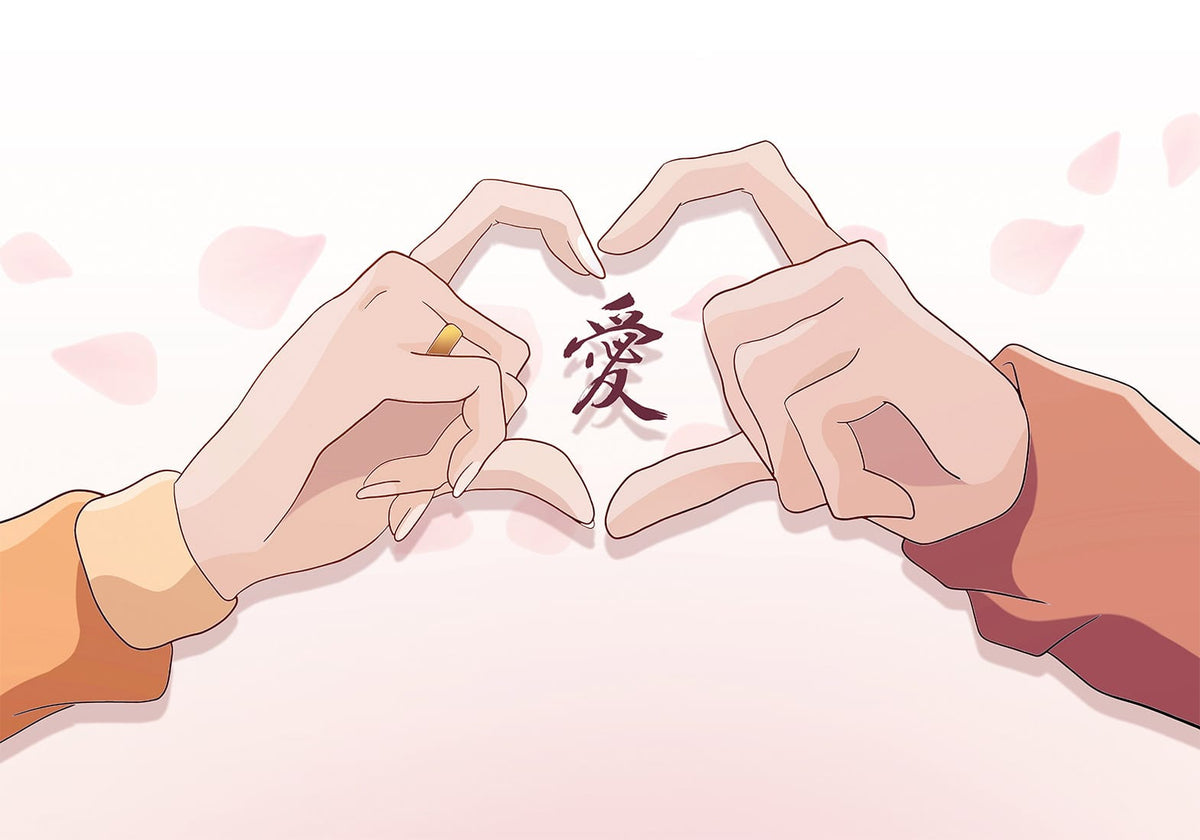 Anime stila fototapetes dizains ar roku veidotu sirds siluetu un mīlestības hieroglifu uz maigi rozā fona.   