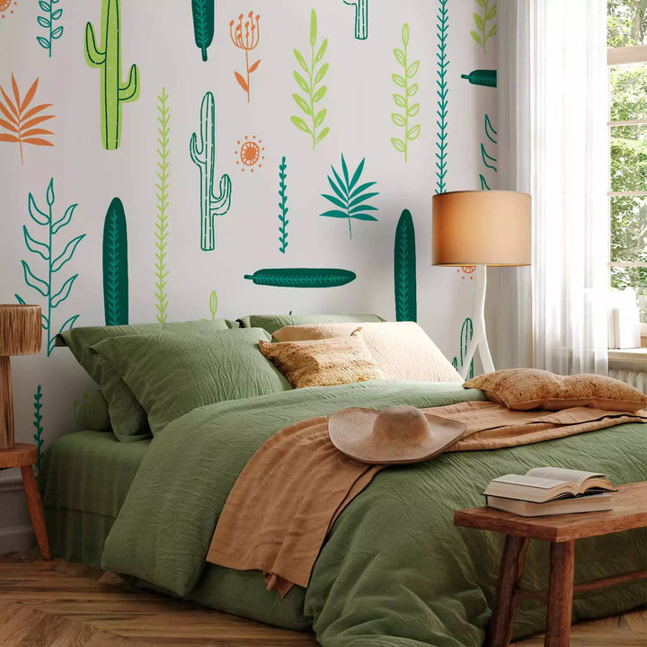 Fototapetes - Lapas un kaktusi uz balta fona - 143816 G-ART