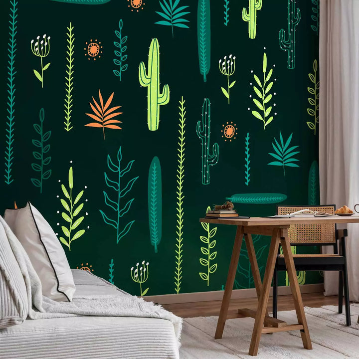 Fototapetes - Lapas un kaktusi uz zaļa fona - 143815 G-ART