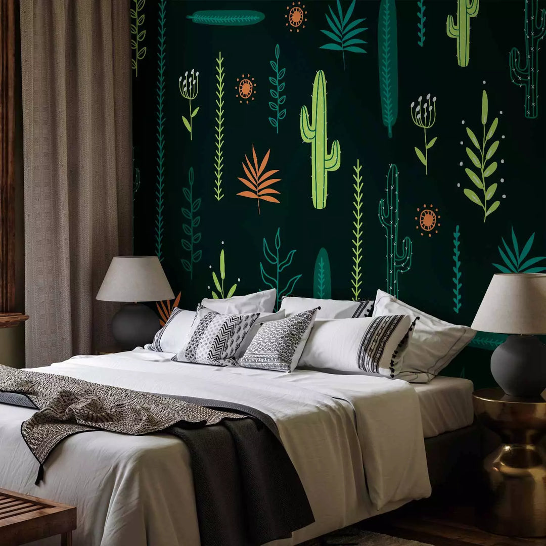 Fototapetes - Lapas un kaktusi uz zaļa fona - 143815 G-ART