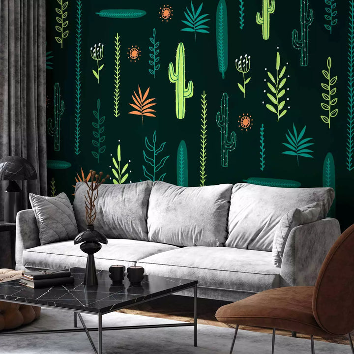 Fototapetes - Lapas un kaktusi uz zaļa fona - 143815 G-ART