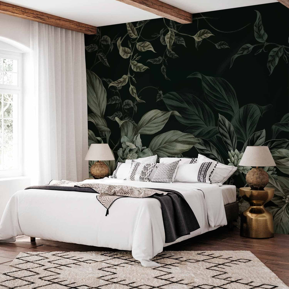 Fototapetes guļamistabai - Lapas un ziedi tumši zaļos toņos - 151523 G-ART