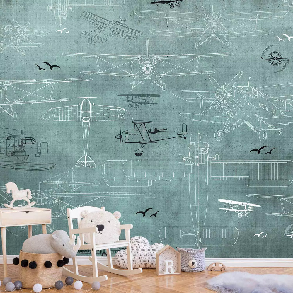 Fototapetes bērniem - Lidmašīnu rasējumi uz tirkīza fona, 149210 G-ART