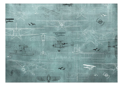 Wall Murals - Drawings of aeroplanes on turquoise background, 149210 G-ART