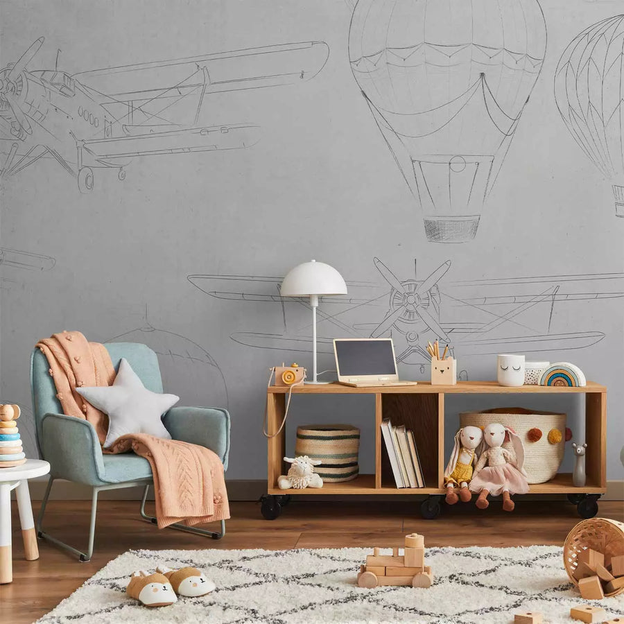 Bērnu fototapetes - Lidmašīnu un gaisa balonu skices uz pelēka fona G-ART