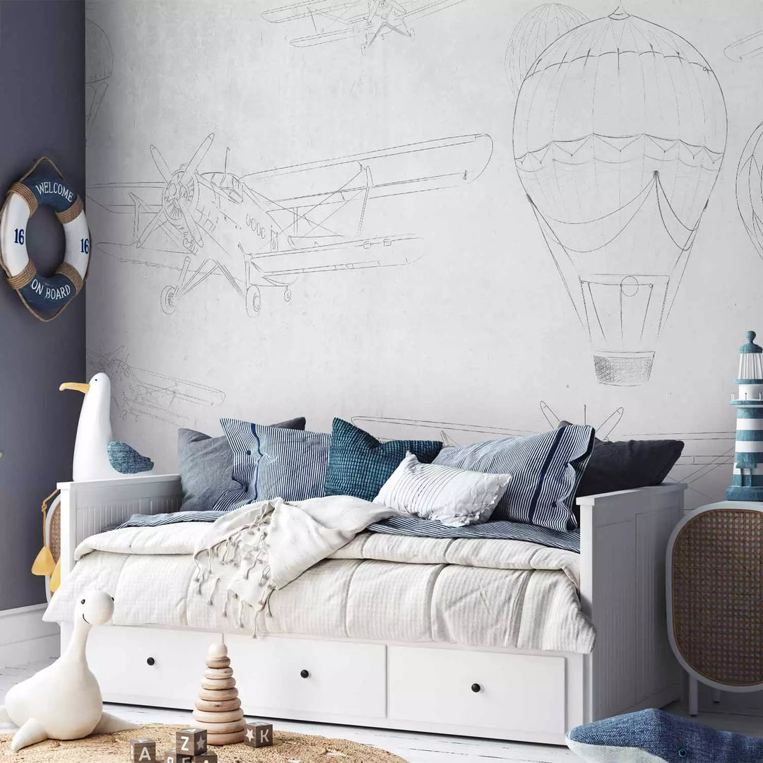 Bērnu fototapetes - Lidmašīnu un gaisa balonu skices uz pelēka fona G-ART