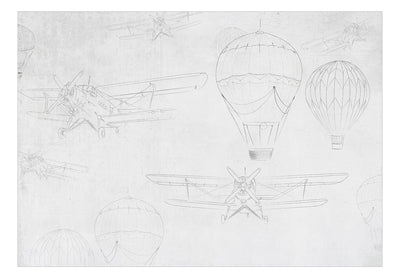 Fototapetes - Lidmašīnu un gaisa balonu skices uz pelēka fona, 150316 G-ART