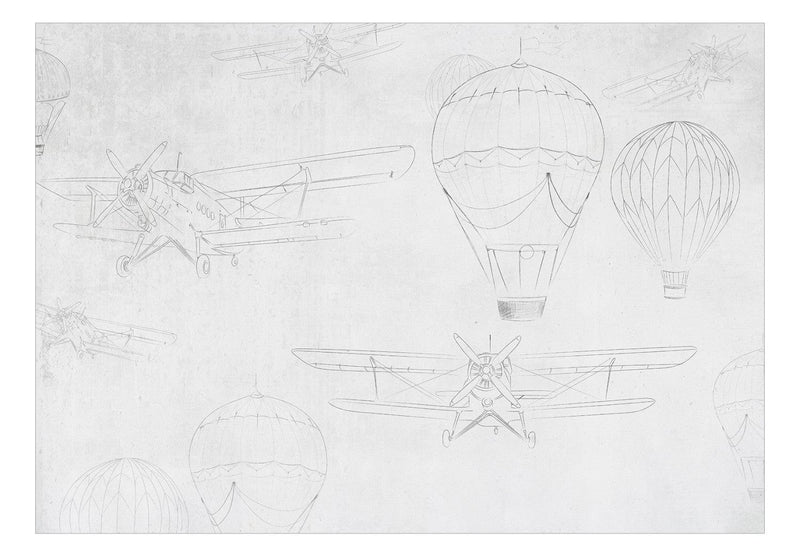 Wall Murals - Sketches of aeroplanes and balloons on grey background, 150316 G-ART
