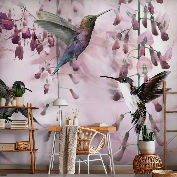 Fototapetes - Lidojoši kolibri starp ziediem rozā toņos, matētas G-ART