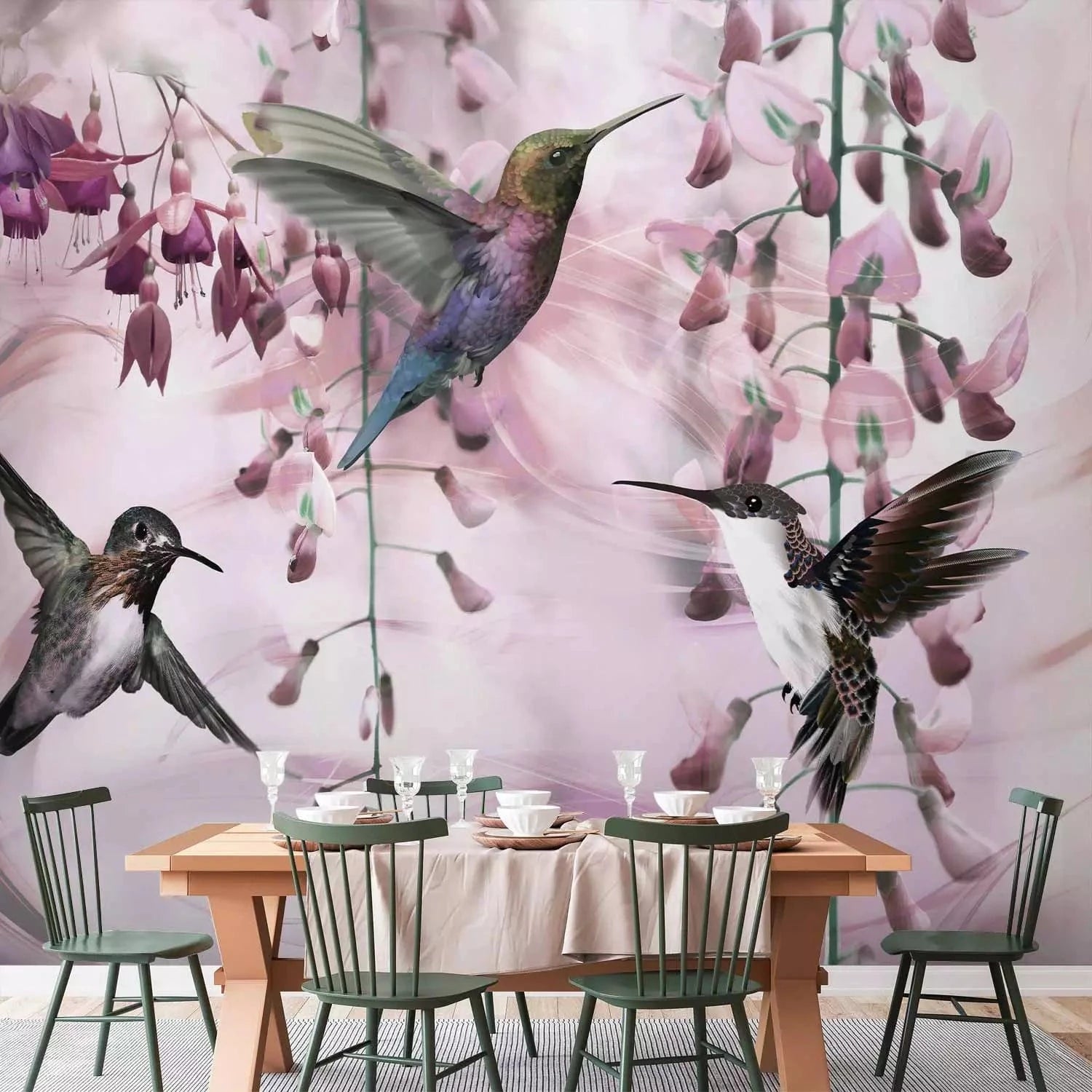 Fototapetes - Lidojoši kolibri starp ziediem rozā toņos, matētas G-ART