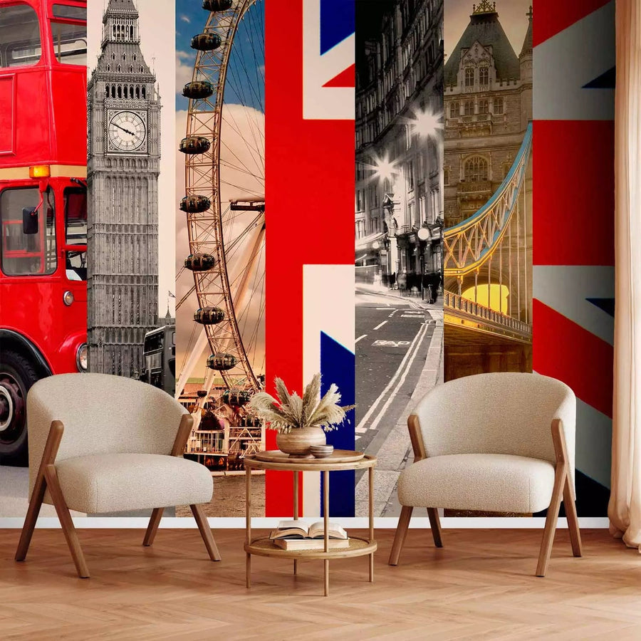 Fototapetes - Londona, pilsētas arhitektūras ar Lielbritānijas karogu G-ART