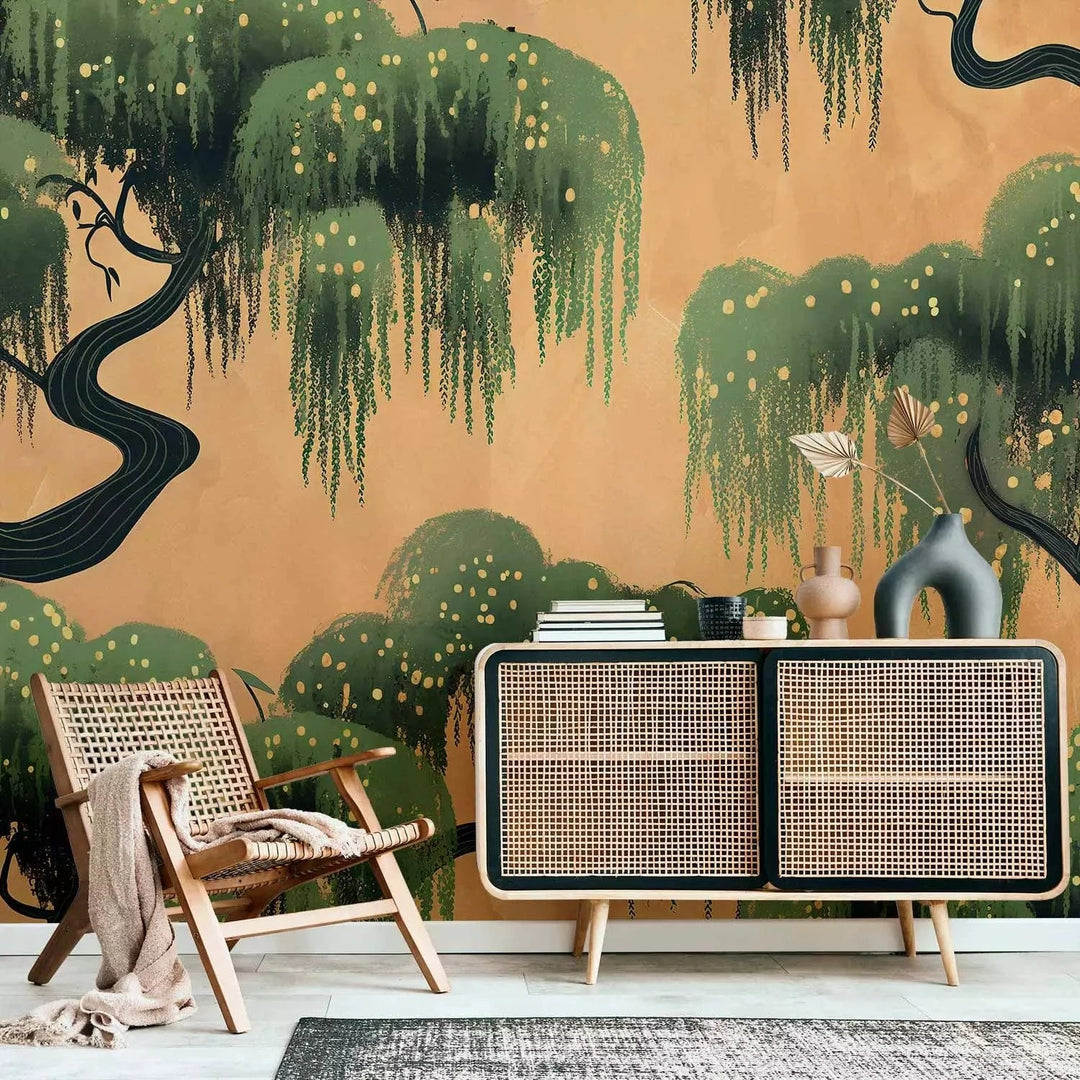 Fototapetes - Maģiskie koki - zari ar lapām uz zelta fona japāņu stilā G-ART