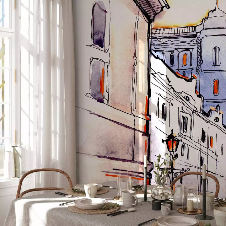 Fototapetes - Mājiņas akvarelī uz papīra, skīce, krēma, violeta G-ART