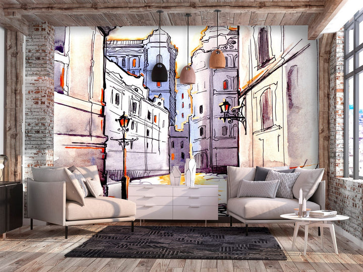 Fototapetes - Mājiņas akvarelī uz papīra, skīce, krēma, violeta G-ART