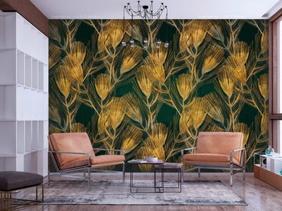 Wall Murals Black and gold - Peacock feathers, 142523 G-ART