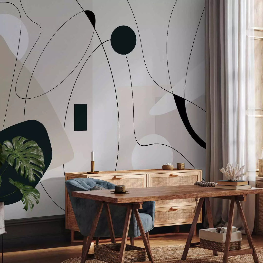 Fototapetes - Melnas līnijas un ģeometriskas figūras uz gaiša fona G-ART