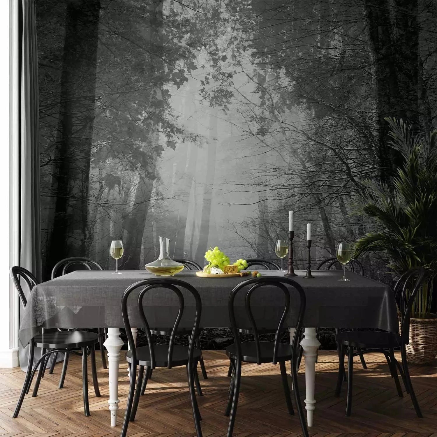 Fototapetes - Melnbalta ainava ar lapām klātu taku meža ielokā G-ART