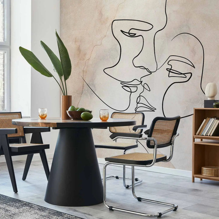 Минималистичные фотообои с силуэтами двух лиц в стиле линейного искусства на черном фоне — для офисного помещения