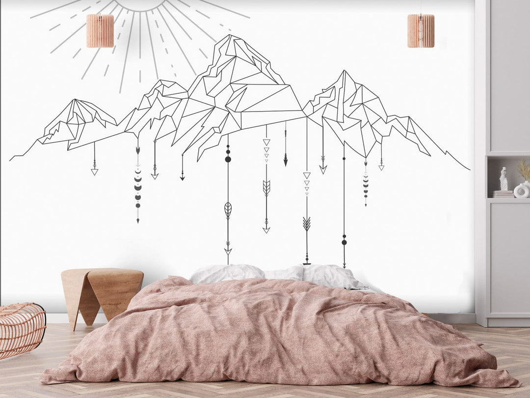 Melnbaltas fototapetes - Minimālistisks kalnu attēlojums boho stilā G-ART