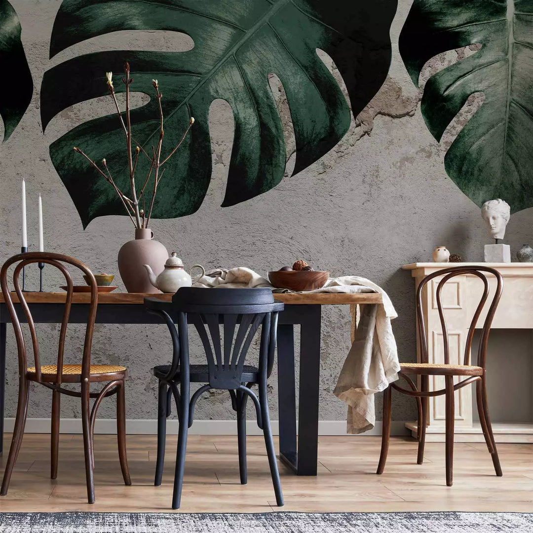 Fototapetes - Monstera zaļās lapas un betona siena - 138817 G-ART