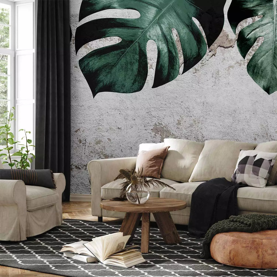 Fototapetes - Monstera zaļās lapas un betona siena - 138817 G-ART