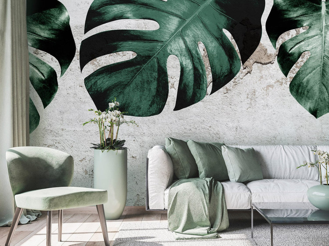 Fototapetes - Monstera zaļās lapas un betona siena - 138817 G-ART