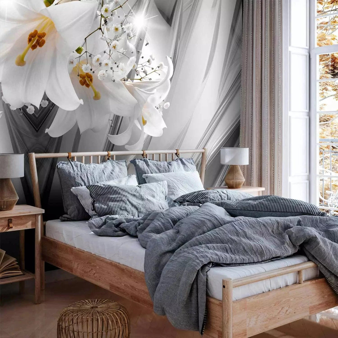Fototapetes - lilijas starp pelēkiem viļņiem ar dzirksti - pelēkā G-ART