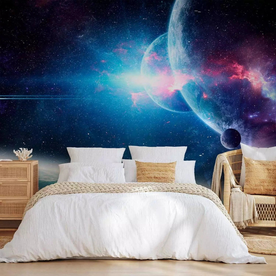 Fototapetes - Nezināmā kosmosā – galaktiska ainava ar planētām, zilā G-ART