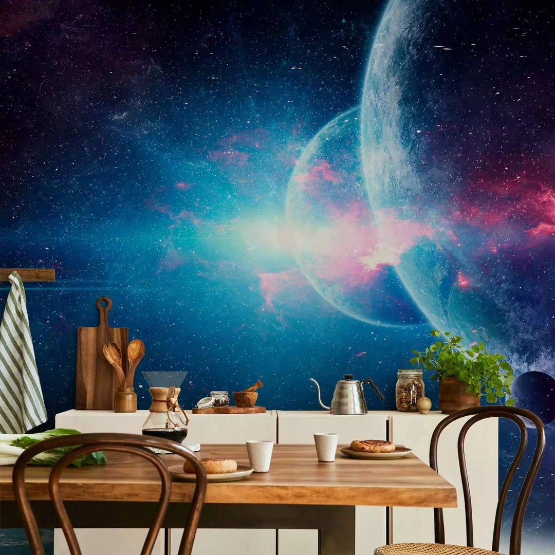 Fototapetes - Nezināmā kosmosā – galaktiska ainava ar planētām, zilā G-ART