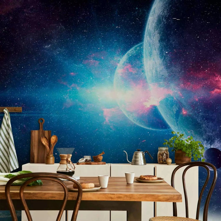 Fototapetes - Nezināmā kosmosā – galaktiska ainava ar planētām, zilā G-ART