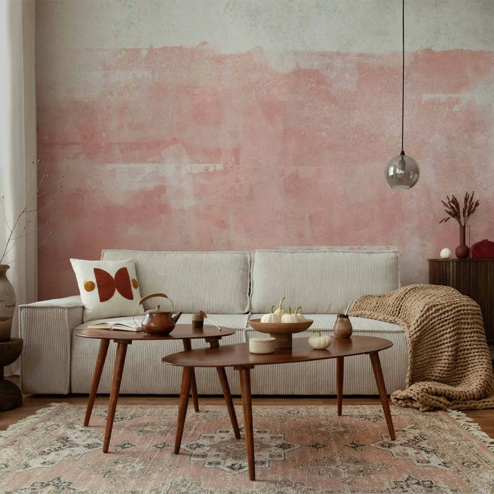 Abstract wall mural with large, geometric, and organic shapes - in the living room