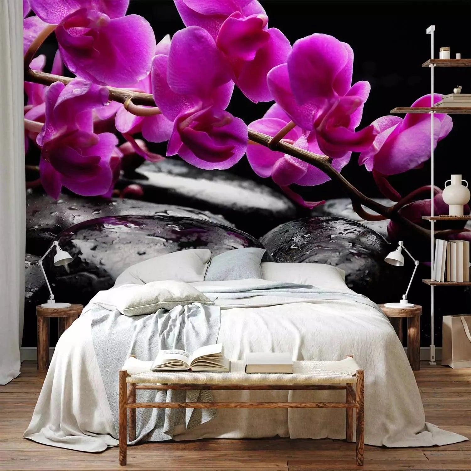 Fototapetes - Orhidejas un Zen akmeņi uz melna fona, 60188 G-ART