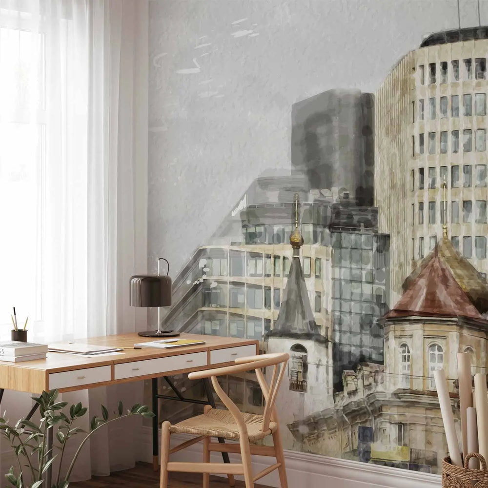 Fototapetes - dažādu laikmetu ēku akvareļgleznojumi, pelēka, bēša G-ART