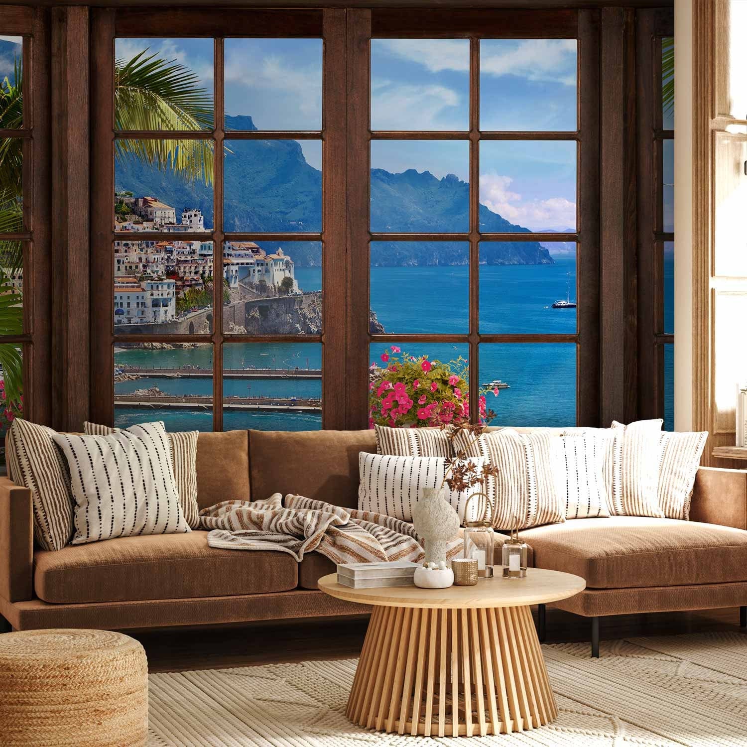 Fototapetes - skats no loga uz jūru un piejūras ciematu, 92630  G-ART