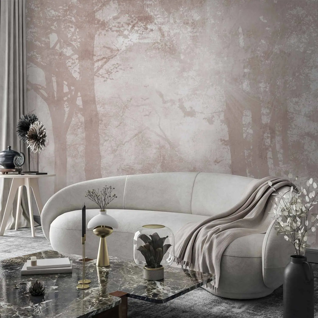 Fototapetes - miglaina ainava ar augstiem kokiem bēsos toņos G-ART