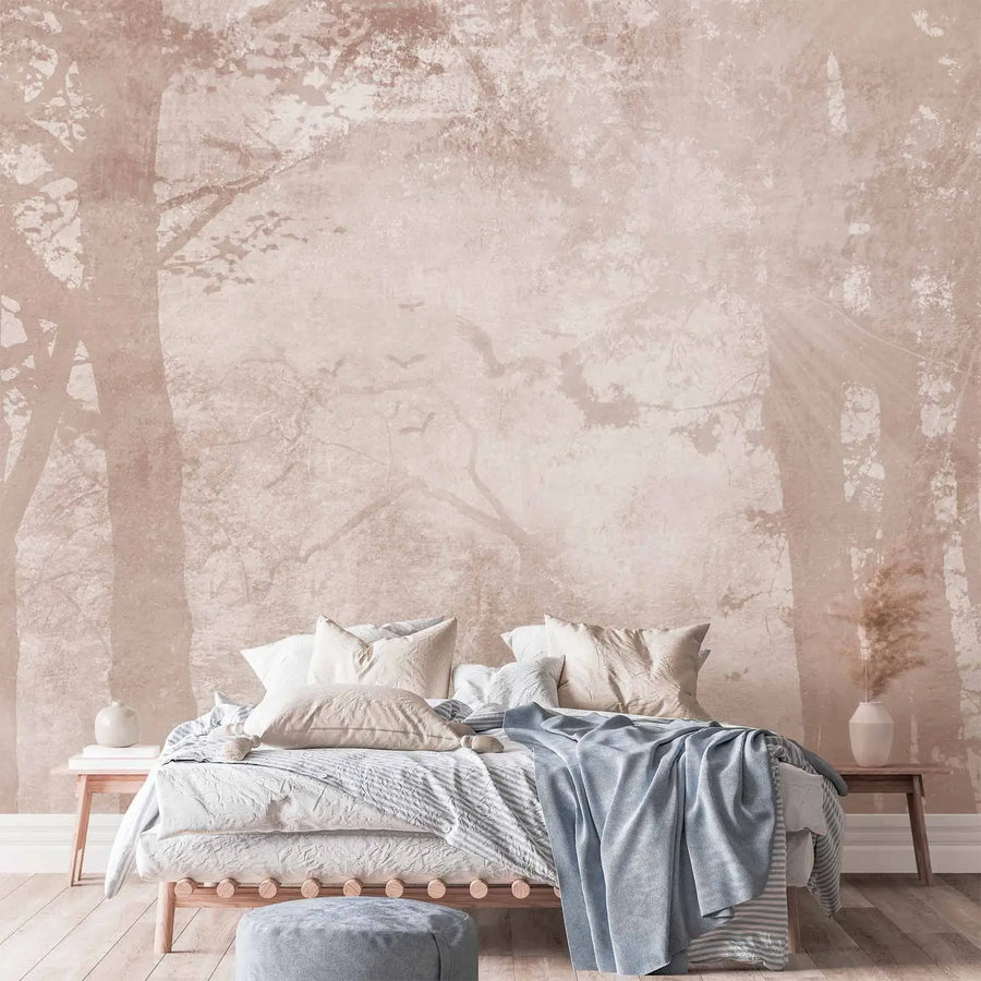 Fototapetes - miglaina ainava ar augstiem kokiem bēsos toņos G-ART