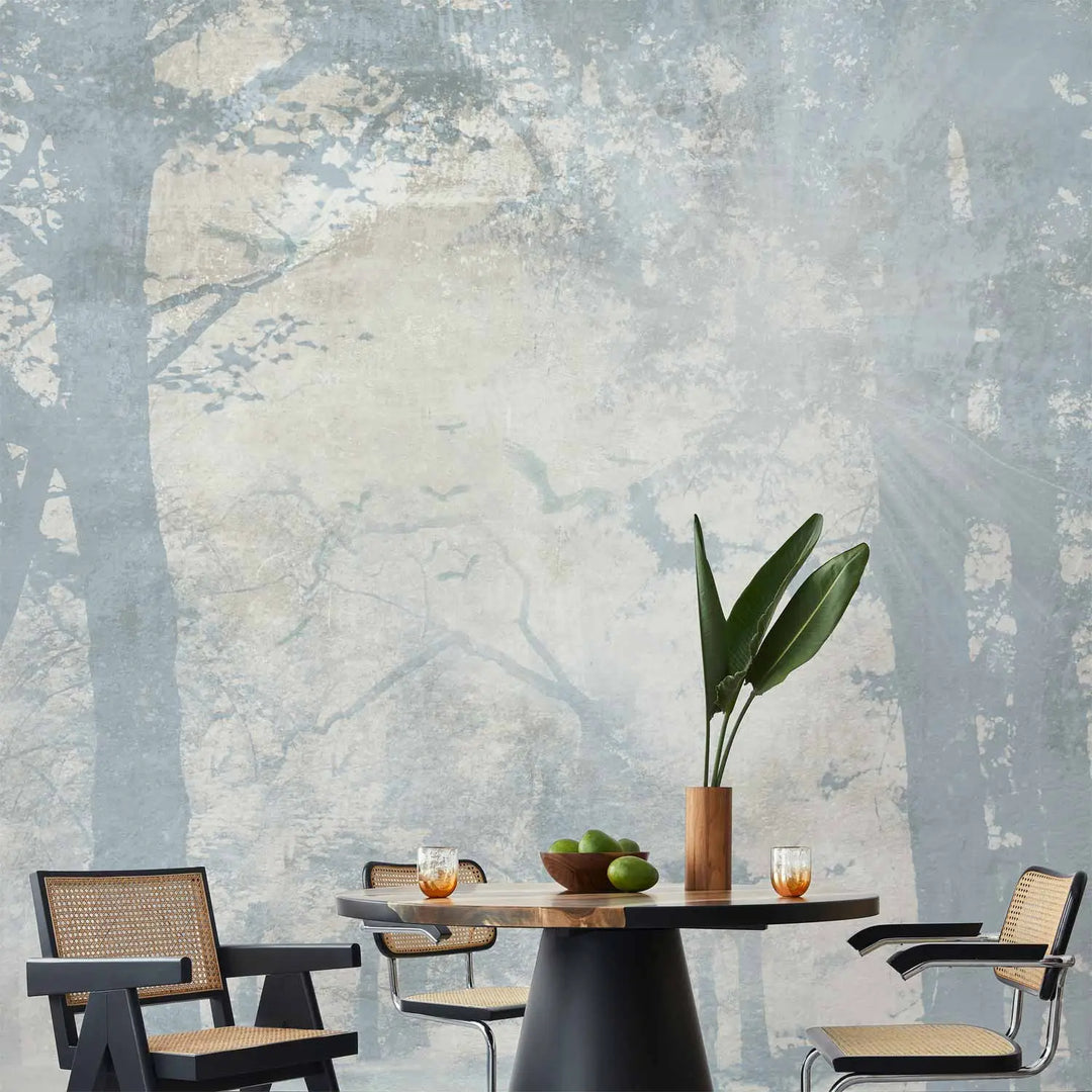 Fototapetes - miglaina ainava ar augstiem kokiem zilos toņos G-ART