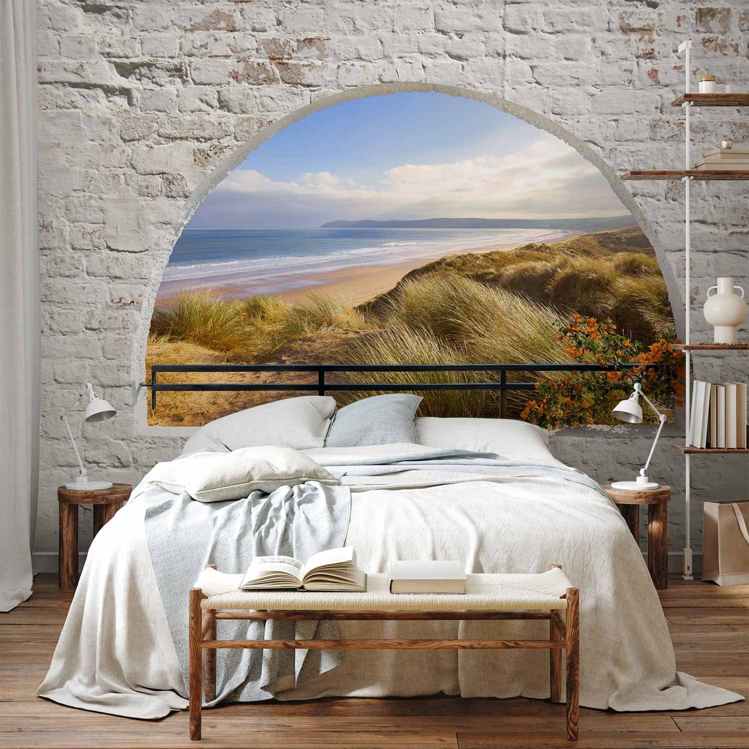 Fototapetes - ainava ar jūru un smilšainu pludmali, ko ieskauj ķieģeļi G-ART