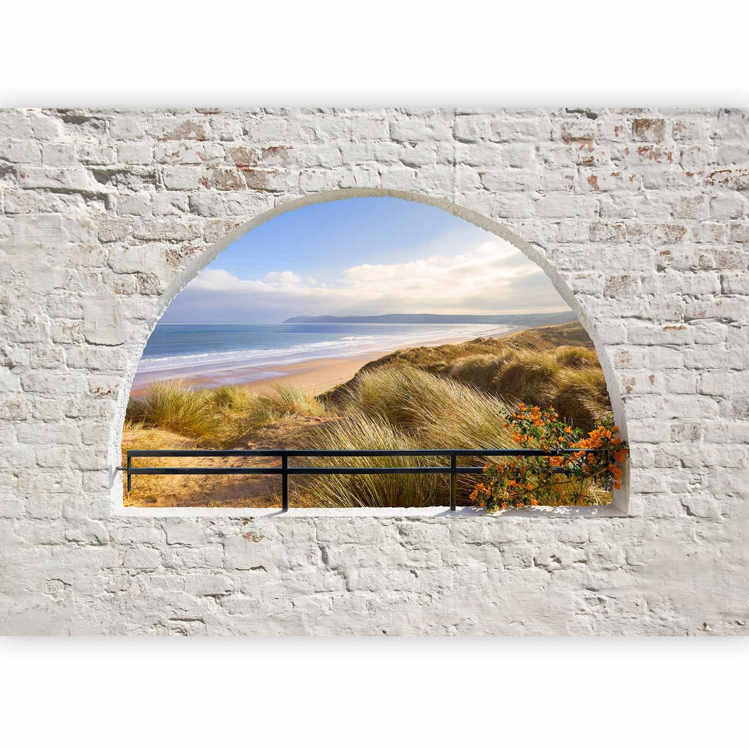 Fototapetes - ainava ar jūru un smilšainu pludmali, ko ieskauj ķieģeļi G-ART