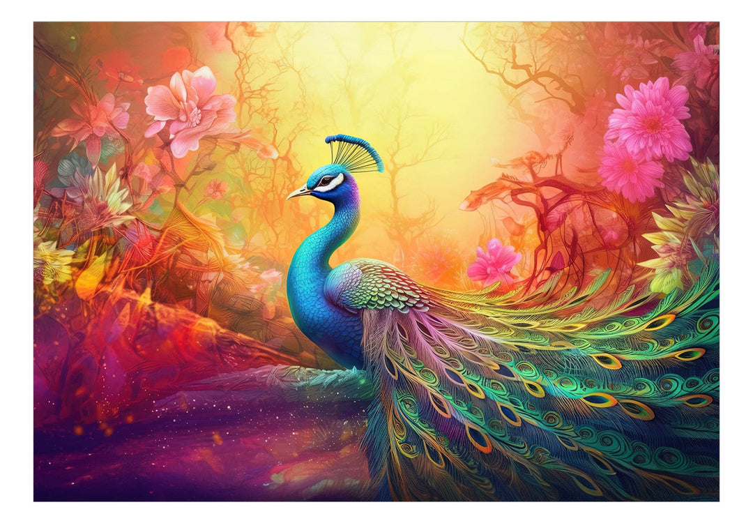Fototapetes ar putniem - Pāvs uz daudzkrāsaina ziedu fona G-ART