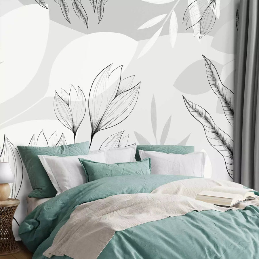 Fototapetes - Pelēka ziedu un lapu kompozīcija - stilizētas lapas G-ART