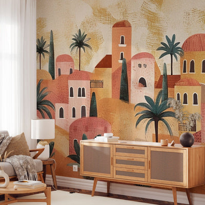 Wall Murals - City between palm trees - composition in terracotta colours, 159456 G-ART