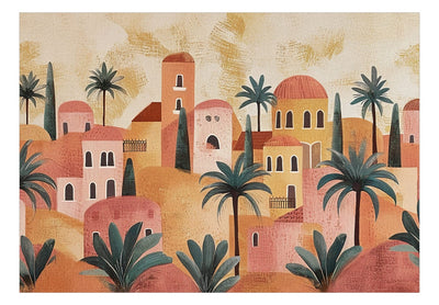 Valokuvatapetti - Kaupunki palmujen välissä - sommitelma terrakotan väreissä, 159456 G-ART
