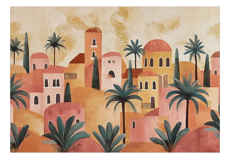 Wall Murals - City between palm trees - composition in terracotta colours, 159456 G-ART