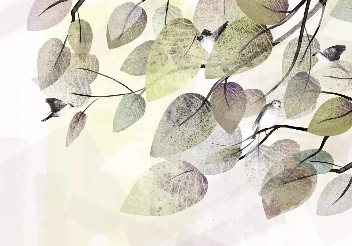 Fototapetes - Putni uz koka pelēkzaļās krāsās - dabas pieskāriens  G-ART