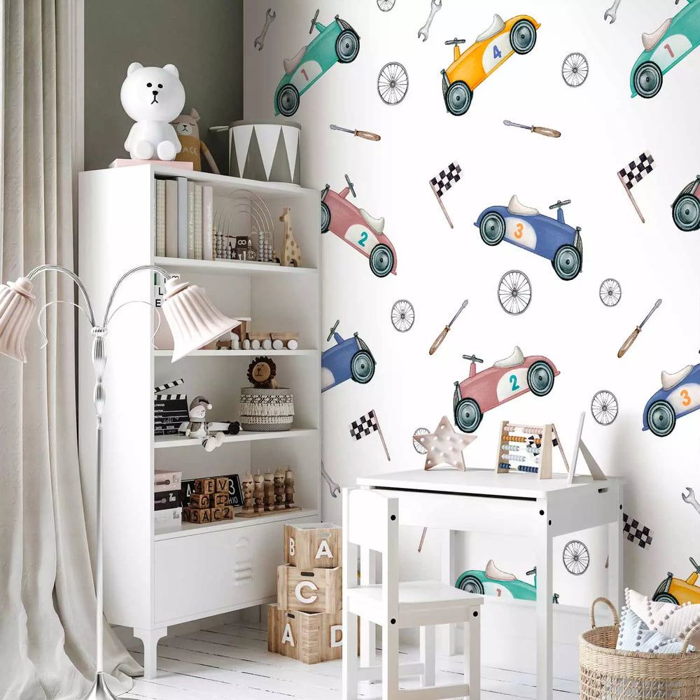 Fototapetes - Retro sacīkšu automašīnas maigās pasteļkrāsāsās G-ART